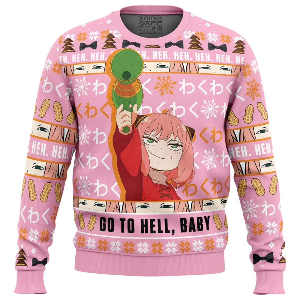 Anya Go To Hell Baby Spy X Family Ugly Christmas Sweater FRONT mockup - Spy x Family Store